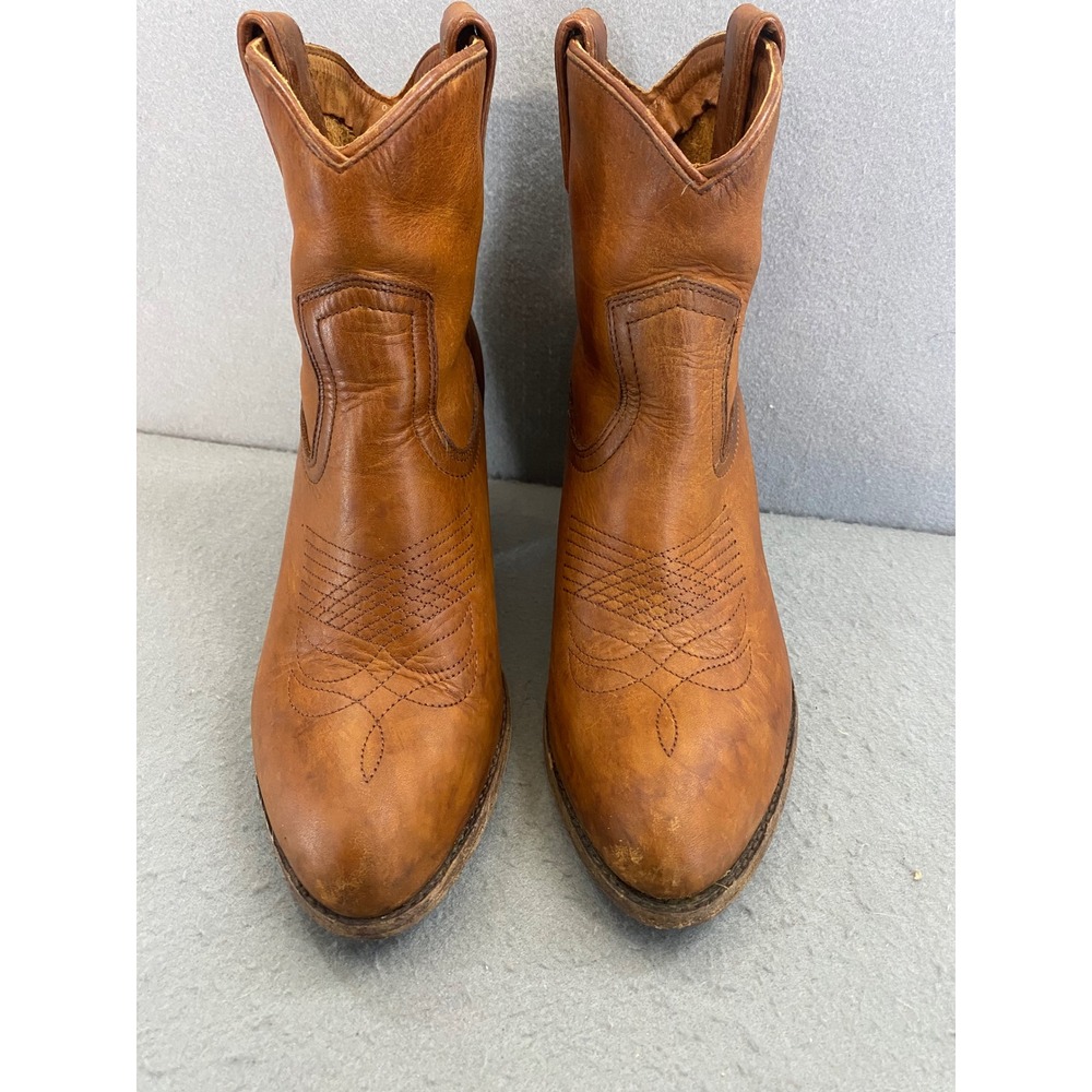 Frye Womens Cognac Brown Leather Western Ankle Boots Stacked Block Heel Size 9